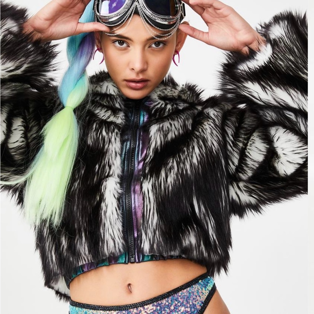 J. Valentine ICONIC Black and White Faux Fur Jacket with Zipper and Hoodie